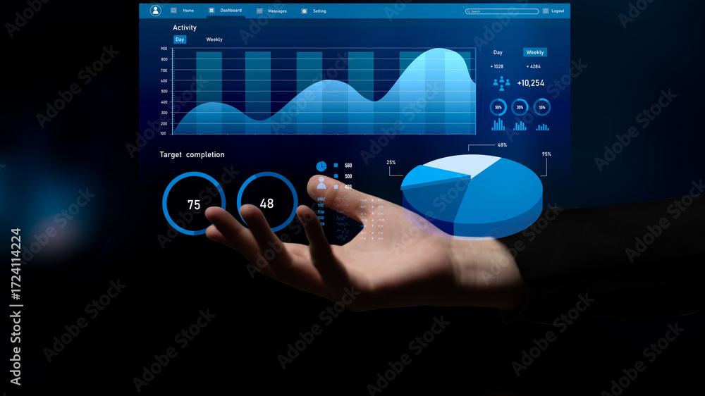 Poster a hand reaches toward a digital interface displaying colorful data metrics and charts, symbolizing t