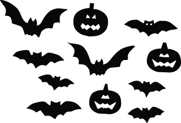 Naklejka premium Set of black Halloween silhouette icons featuring flying bats and jack-o'-lanterns with carved faces for spooky festive design