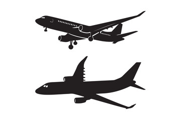 Silhouettes of two airplanes in flight against a white background