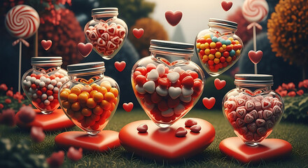 Heart shaped jars filled with colorful candies on heart shaped stands in a garden setting ai generated