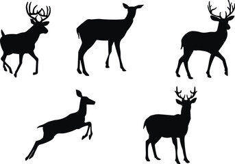 Set of five black deer silhouette icons in various poses including standing, walking, and leaping with antlers and natural anatomy