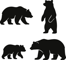 Set of four black bear silhouette icons in various poses and sizes including walking, standing, and cub for wildlife design