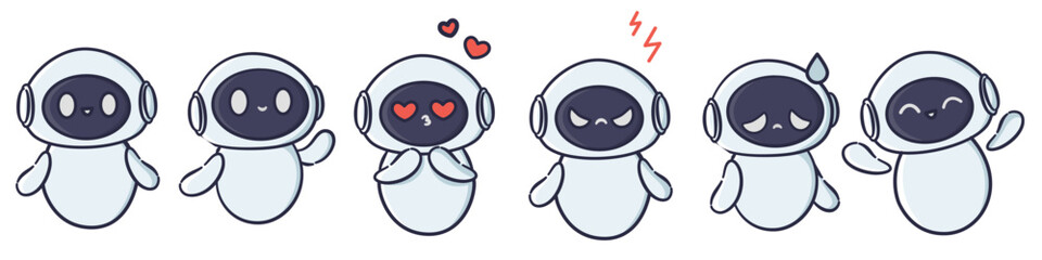 A set of vector illustrations in a simple, childlike style. A cute robot with different emotions and in different poses. Vector illustration