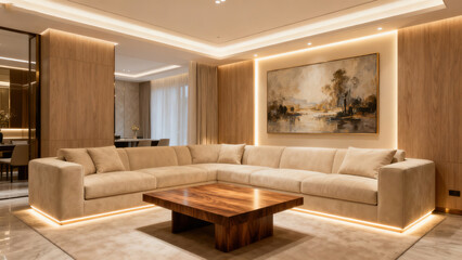 Fototapeta premium Luxurious Modern Beige Living Room with Wooden Accents