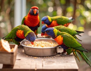 Colorful parrots feeding from a bowl
