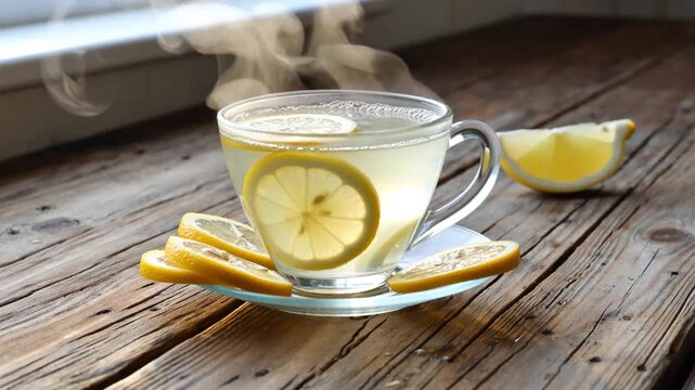 Tasse de th&eacute; au citron fumant sur une table en bois