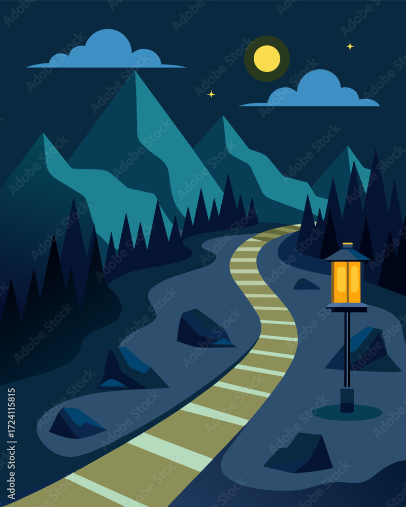 Poster a rugged wilderness trail equipped with solarpowered lighting at every turn making it possible for h