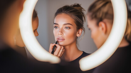 Professional makeup artist applying lipstick to model under studio ring light