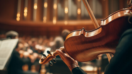 Professional violinist tuning instrument with orchestra in background