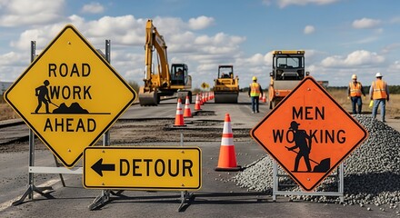 Roadwork construction site with heavy equipment and warning signs in daylight