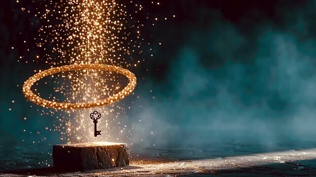 Golden key materializing on stone pedestal, illuminated by shimmering fairy dust cascading from glowing magic portal, creating ethereal mystical atmosphere of supernatural discovery