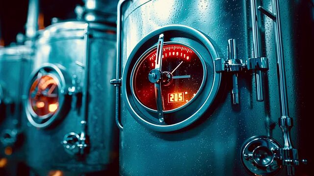 Stainless steel fermentation tanks in a brewery maintain a constant temperature of 205 degrees, ensuring consistent quality and taste in the brewing process