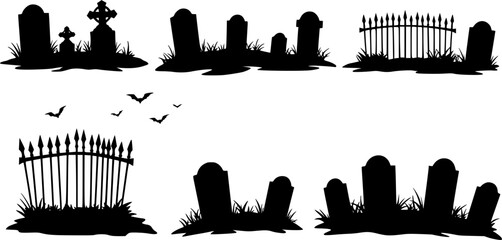 Halloween graveyard silhouettes. Creepy gravestones, tombstones and scary fences vector illustration set. Halloween graveyard spooky silhouettes
