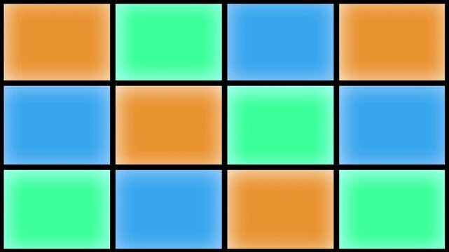 mint green, blue and orange matrix grid disco mosaic of flashing colour changing dancefloor tile tv screens to create a music video or game show quiz backdrop animated background 4K