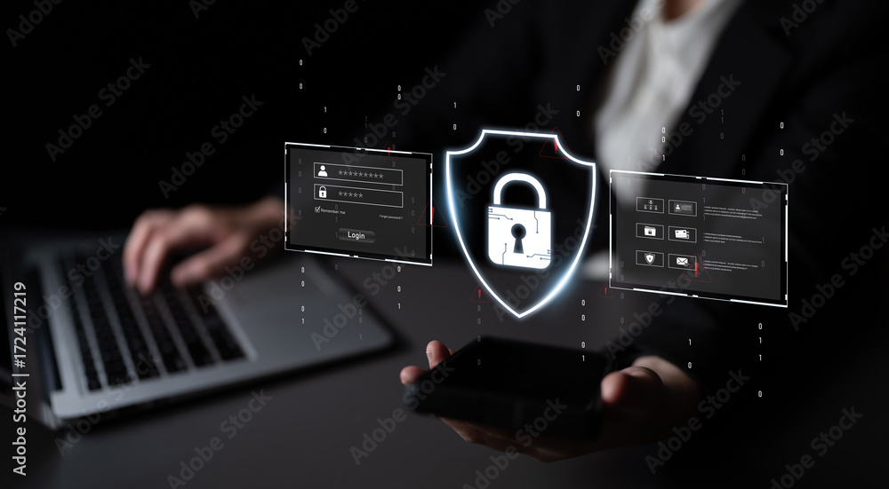 Poster cyber security protects against breaches, hacks, and network attacks using strong infrastructure and