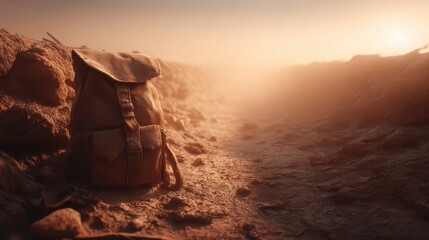 Vintage leather backpack resting on a dusty trail at sunset