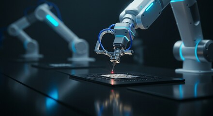 Robotic arms working on small pieces with lasers. Automation is efficient for small complex components in manufacturing.