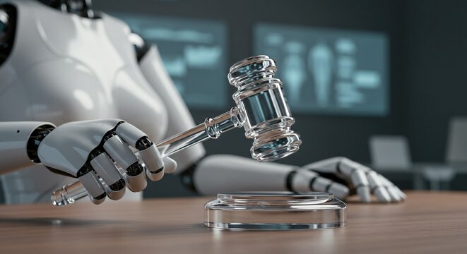 Robot Judge presides over a courtroom, wielding a gavel. Artificial intelligence and automation concepts are depicted.