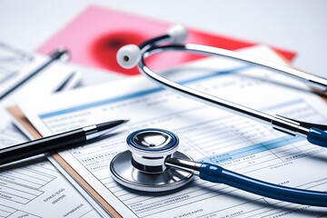 Close up of a stethoscope and pen on medical documents