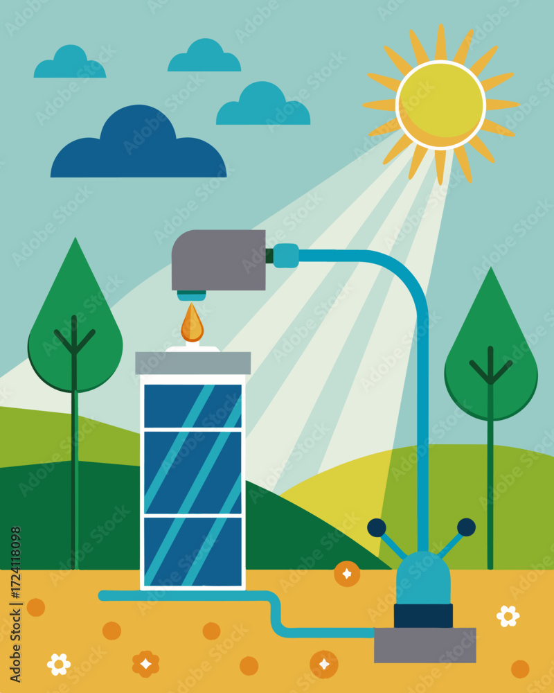 Poster an illustration of a solarpowered irrigation system in action with the suns rays powering a pump tha