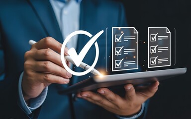 Business person reviewing digital checklist on tablet with approved checkmark concept