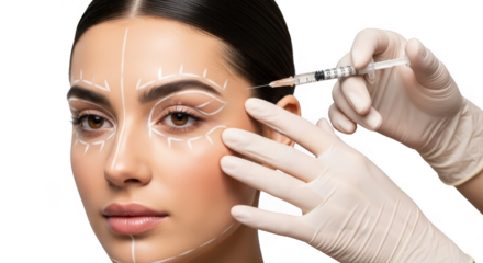 A closeup of a womans face with cosmetic markings, receiving a facial injection from gloved hands isolated on transparent background