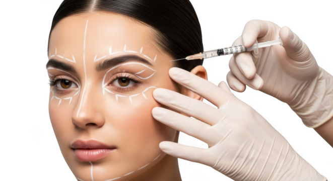 A closeup of a womans face with cosmetic markings, receiving a facial injection from gloved hands isolated on transparent background
