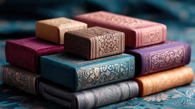 Exquisite Gift Boxes Stacked Displaying Classical Ornaments and Color Matching