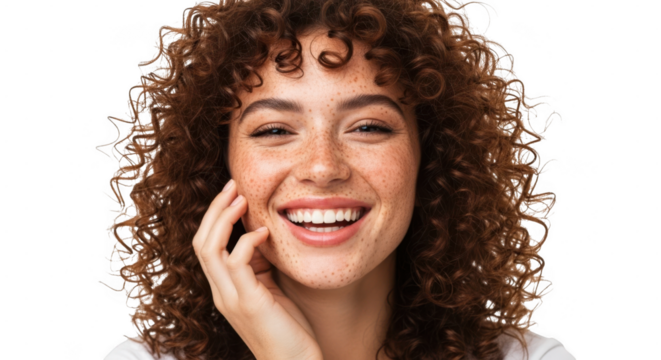 A joyful woman with curly brown hair and freckles smiles broadly, touching her cheek isolated on transparent background