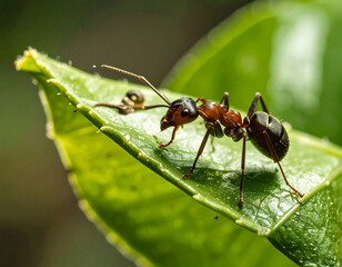 Close-up of an ant on a vibrant green leaf