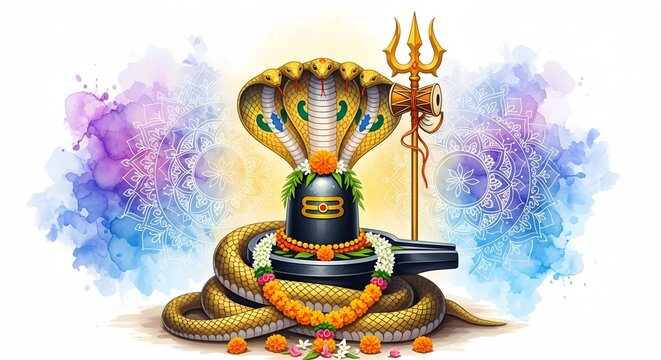 Lord shiva lingam adorned with naga and trident sacred hindu deity
