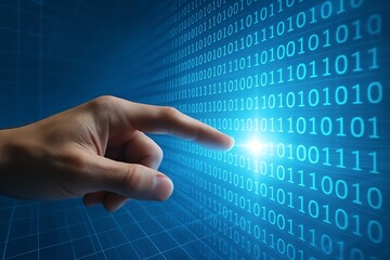 Digital transformation innovation with binary code matrix data technology hand pointing at virtual numbers network future concept computer coding programming internet system communication