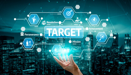 A conceptual image showcases a hand reaching towards a digital target surrounded by icons representing achievement, mission, and perseverance over a futuristic city skyline. Tessel