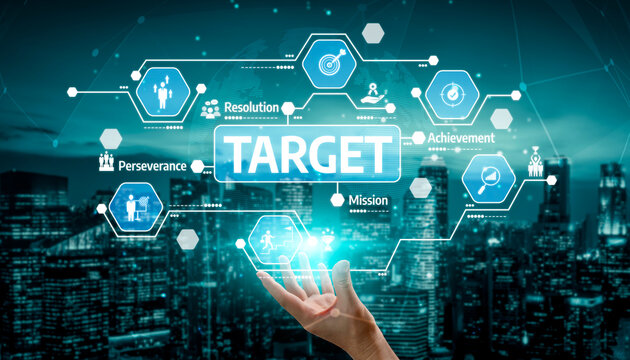 A conceptual image showcases a hand reaching towards a digital target surrounded by icons representing achievement, mission, and perseverance over a futuristic city skyline. Tessel