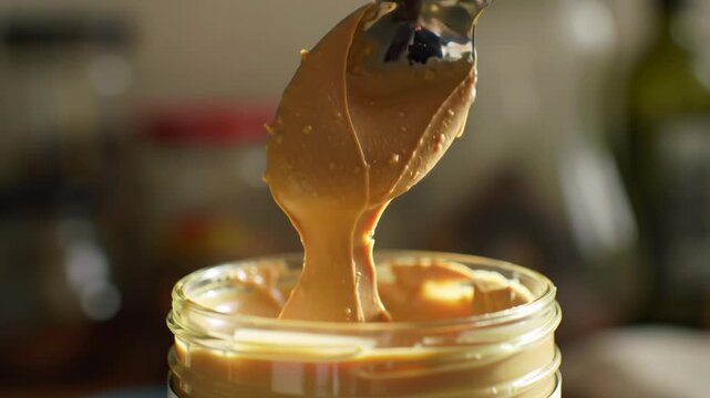 Creamy Peanut Butter Dripping from a Spoon into a Jar Delicious Spread for Breakfast.