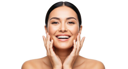 A joyful woman with dark hair and a bright smile, hands on her cheeks, isolated on a transparent background