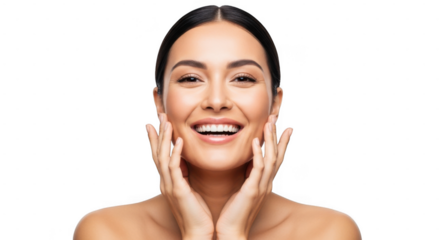 A joyful woman with dark hair and a bright smile, hands on her cheeks, isolated on a transparent background