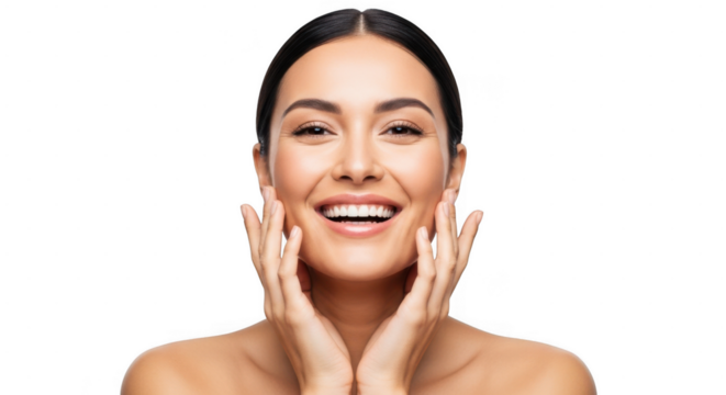 A joyful woman with dark hair and a bright smile, hands on her cheeks, isolated on a transparent background