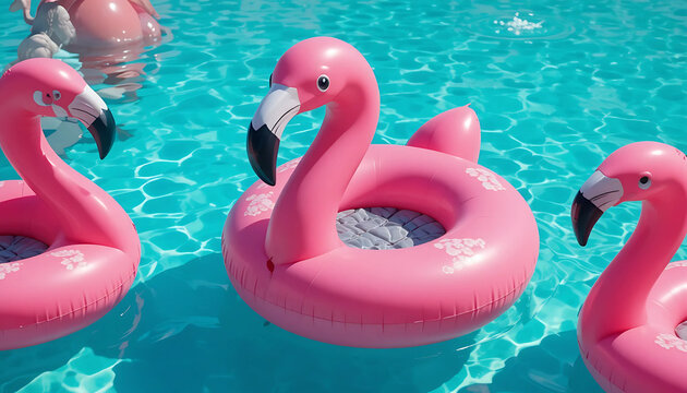 Cartoon rubber pool toys: two pink flamingos and two pink swans floating in blue water for summer fun