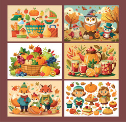 Obraz premium Cute autumn harvest scenes featuring animals fruits and fall decorations