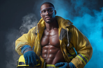 A man in a yellow fireman's jacket with a helmet on his head