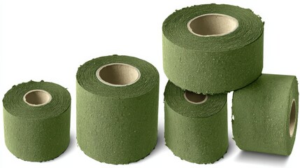 Four Rolls of Green Landscape Fabric, Product Photography, Stacked Composition, Green Color Palette, Eco-Friendly Material Landscape Fabric, Gardening Supplies