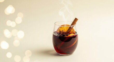 Steaming mulled wine with spices and orange slices on light background