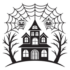 Fototapeta premium Halloween line art illustration with haunted house spooky trees spider web
