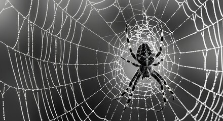 Obraz premium Spider web intricacies with a resident arachnid in monochrome elegance