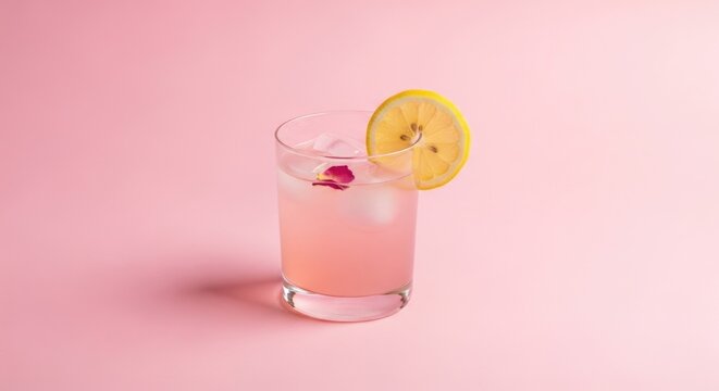 Refreshing pink lemonade with ice and lemon slice on pink background