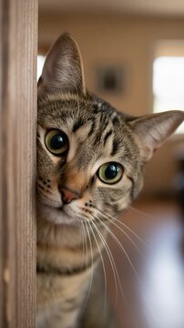 Curieux chat tigr&eacute; se cachant derri&egrave;re une porte