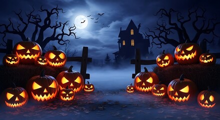 Spooky Halloween night scene with haunted house and carved pumpkins