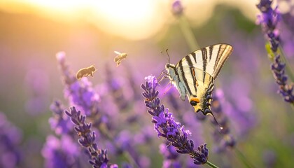 Butterfly in lavender field at sunset