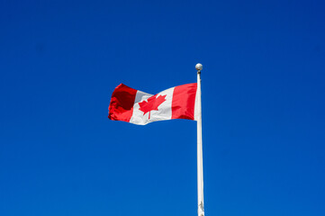 Canadian flag waving against clear blue sky, red maple leaf national flag of Canada on flagpole
